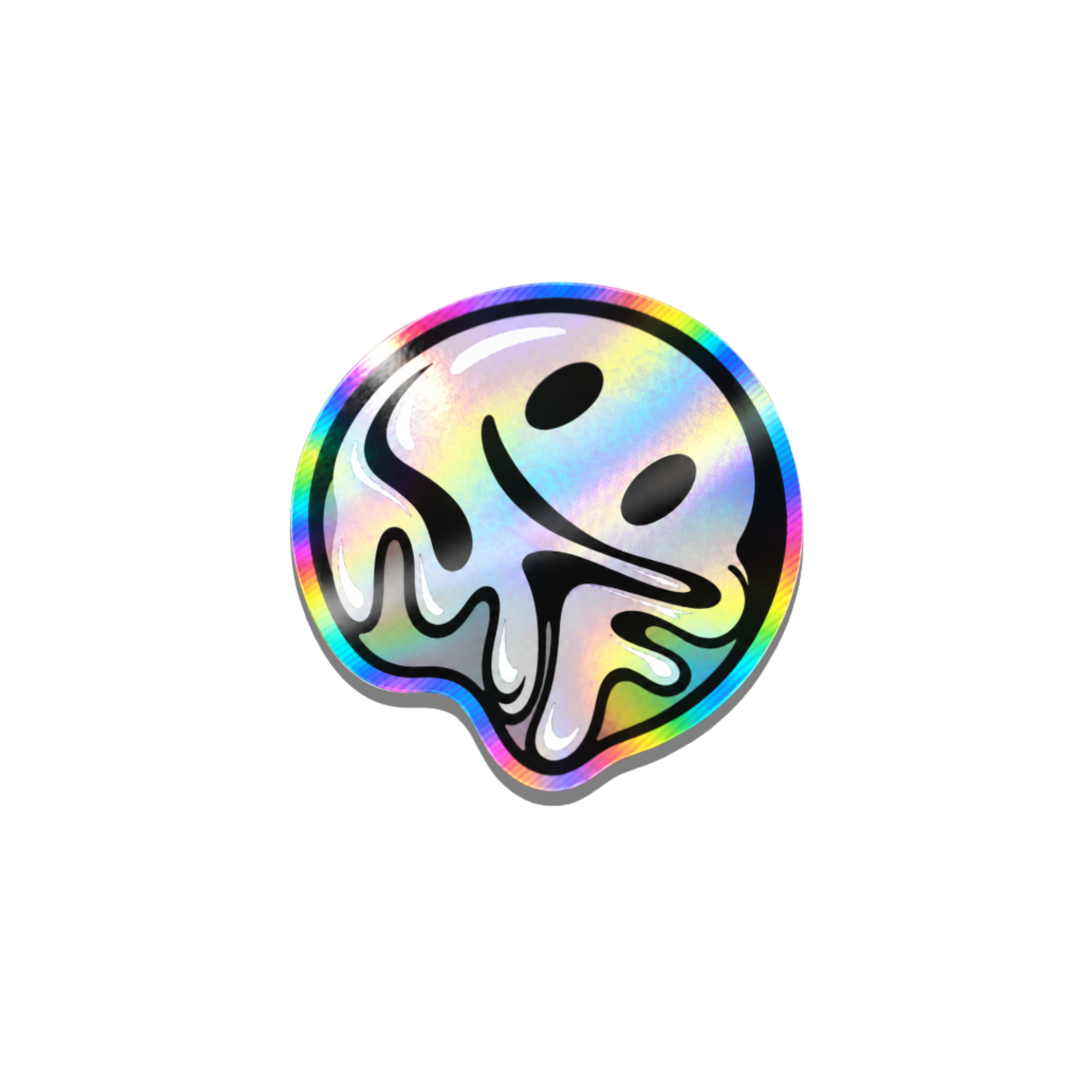 A holographic Melting Face smiley label